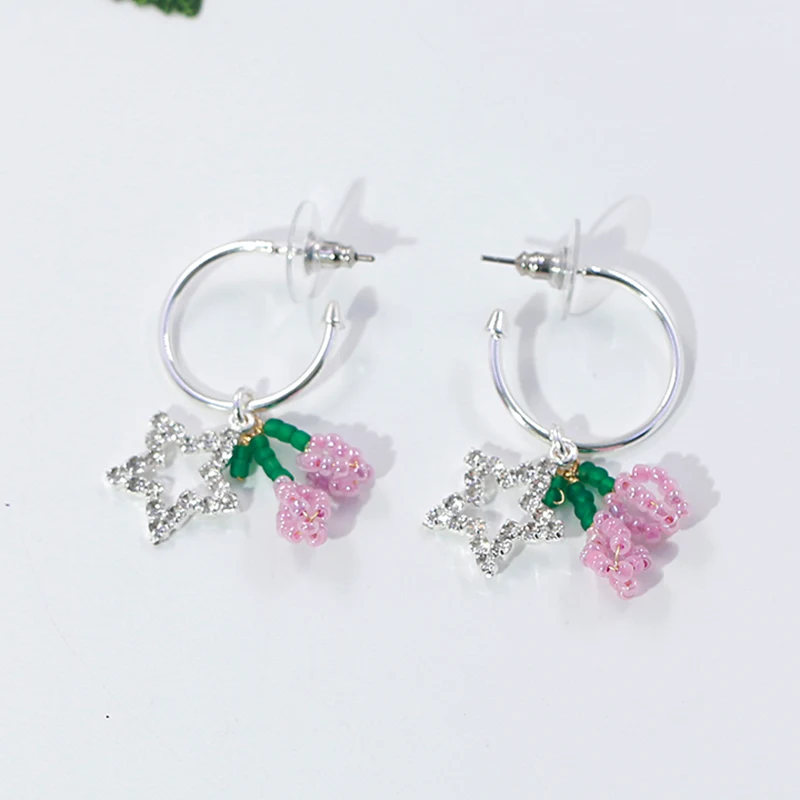 Diamond Stars and Beads Flower Earrings