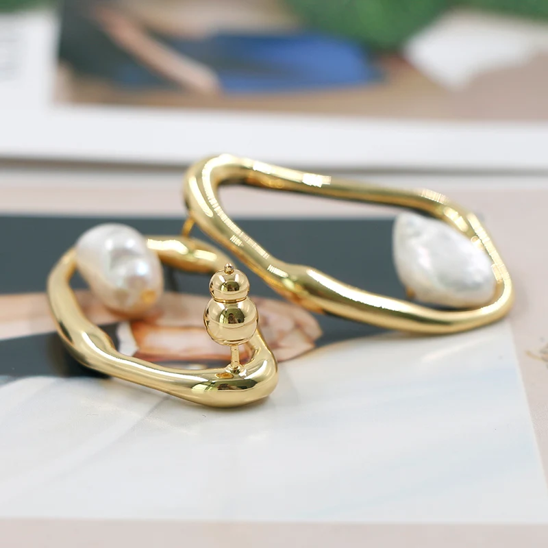 Classic Brass Hoop With Freshwater Pearls Earrings