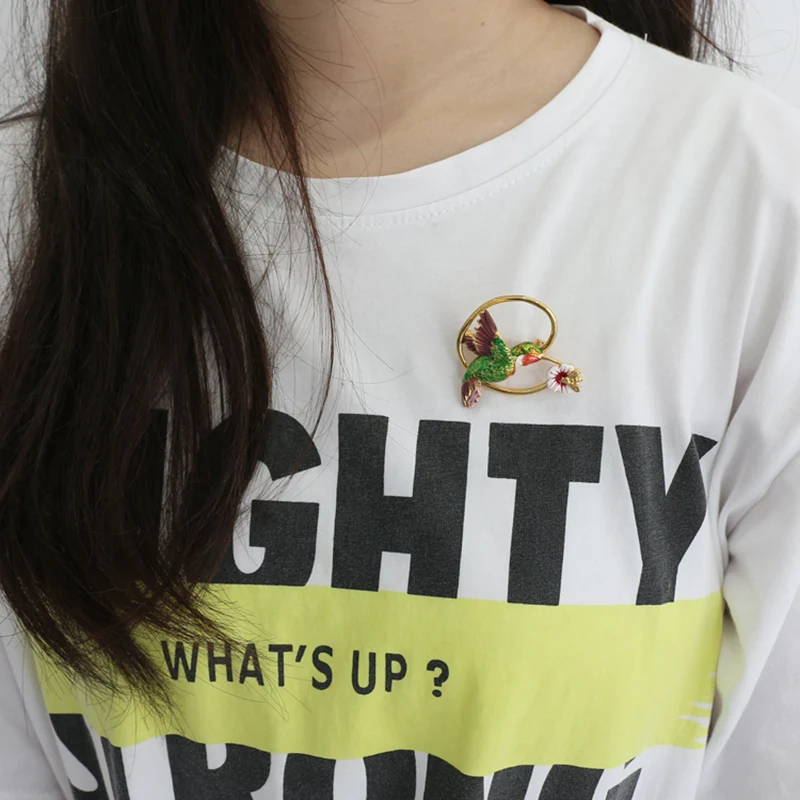 Enamel Bird and Flower Brooch Gold Plated Brass