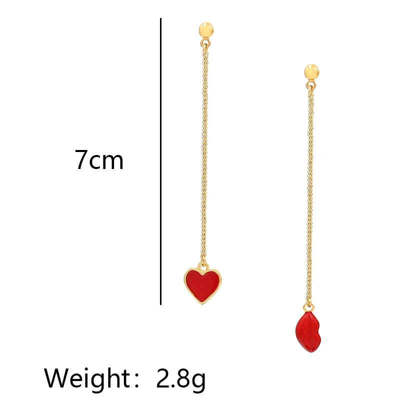Dangling Earrings With Long Red Enamel Hearts And Lip Drops