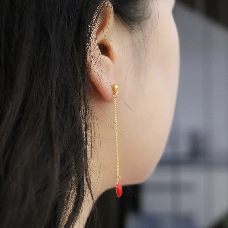 Dangling Earrings With Long Red Enamel Hearts And Lip Drops